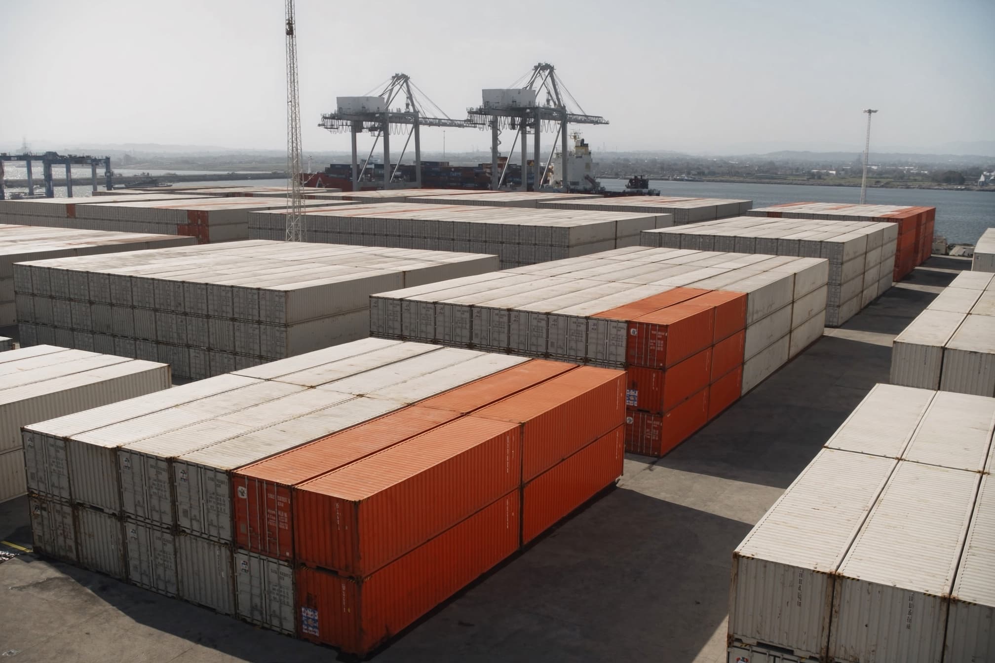 Rows of stacked shipping containers in a port terminal, with a container ship and two gantry cranes at the quay beyond
