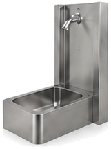 Stainless steel combination unit: a tall back panel with a tap above a rectangular basin