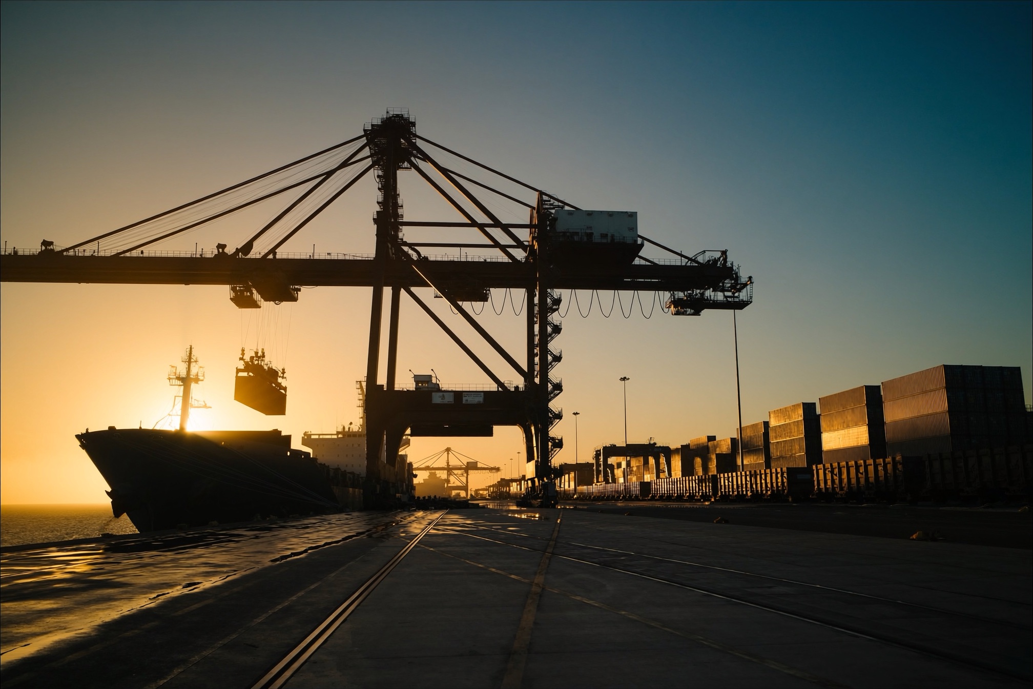 A ship-to-shore gantry crane lifting a container above a moored vessel at a port quay at sunset