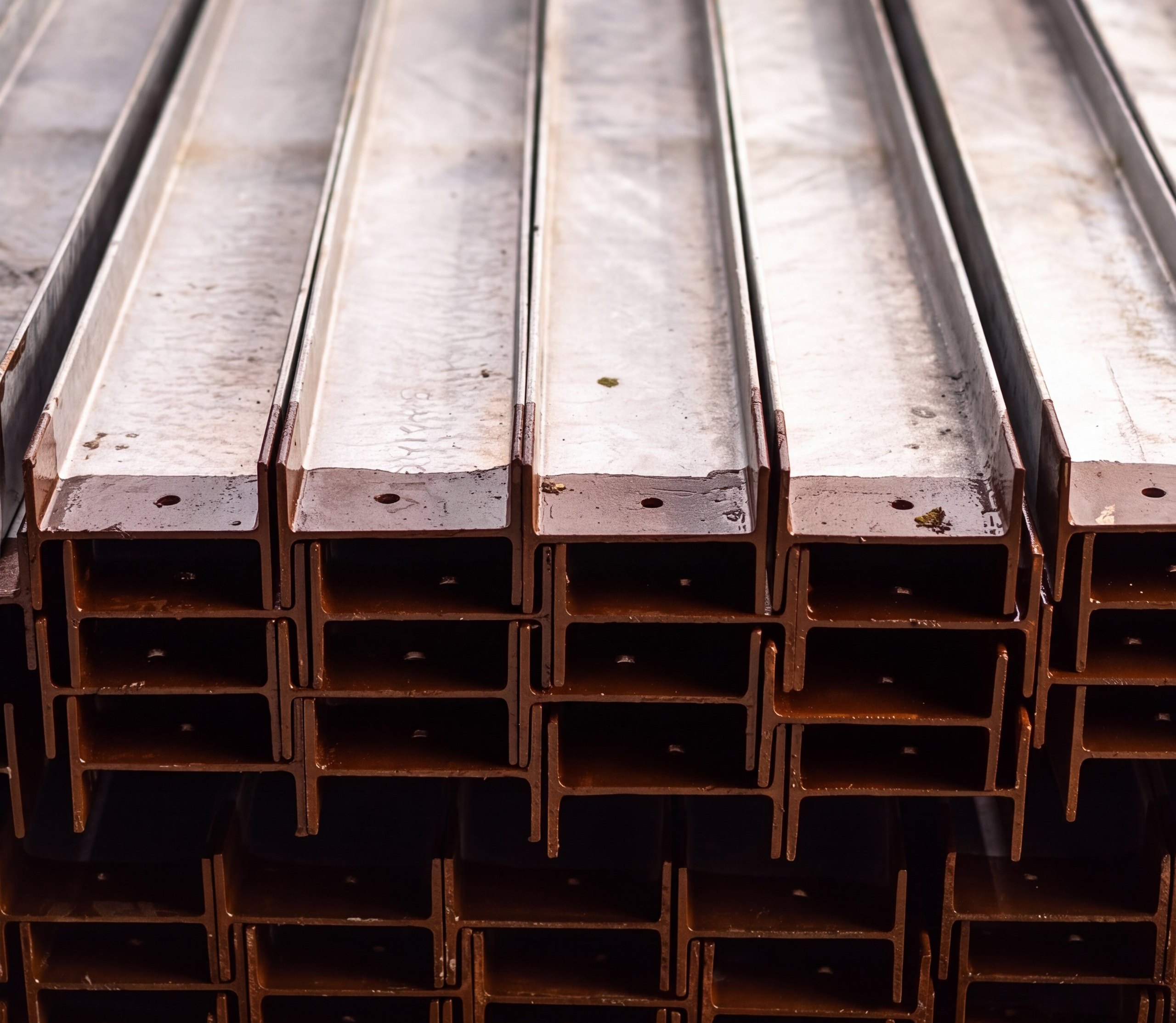 Bundles of structural steel beams stacked in a warehouse, cut ends toward the camera